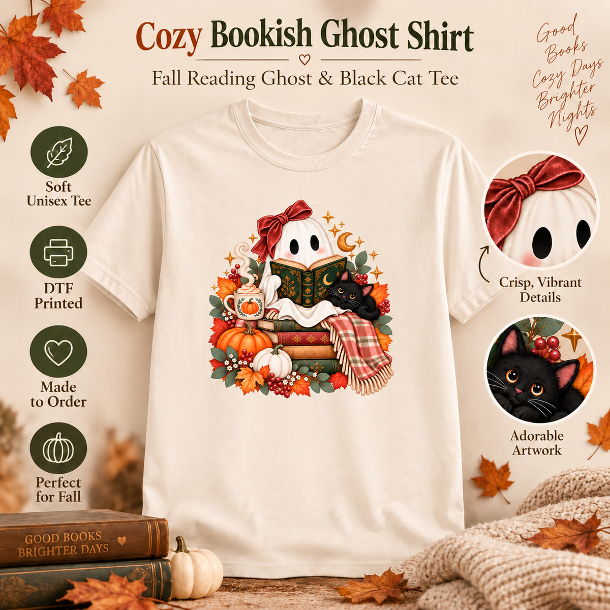 Cozy Bookish Ghost Shirt – Fall Reading Ghost & Black Cat Tee