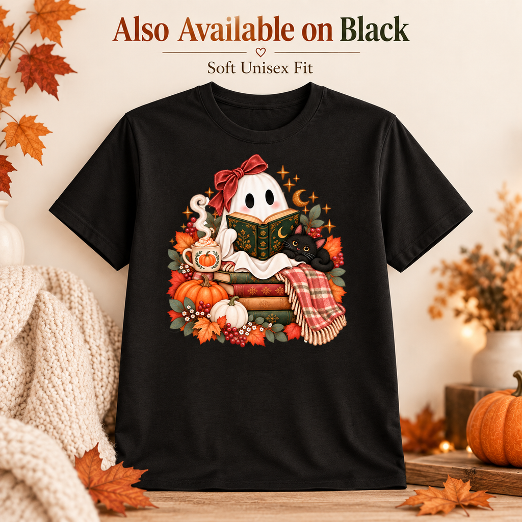 Cozy Bookish Ghost Shirt – Fall Reading Ghost & Black Cat Tee