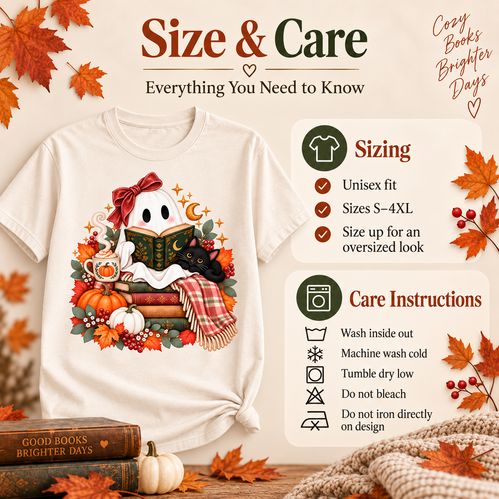 Cozy Bookish Ghost Shirt – Fall Reading Ghost & Black Cat Tee