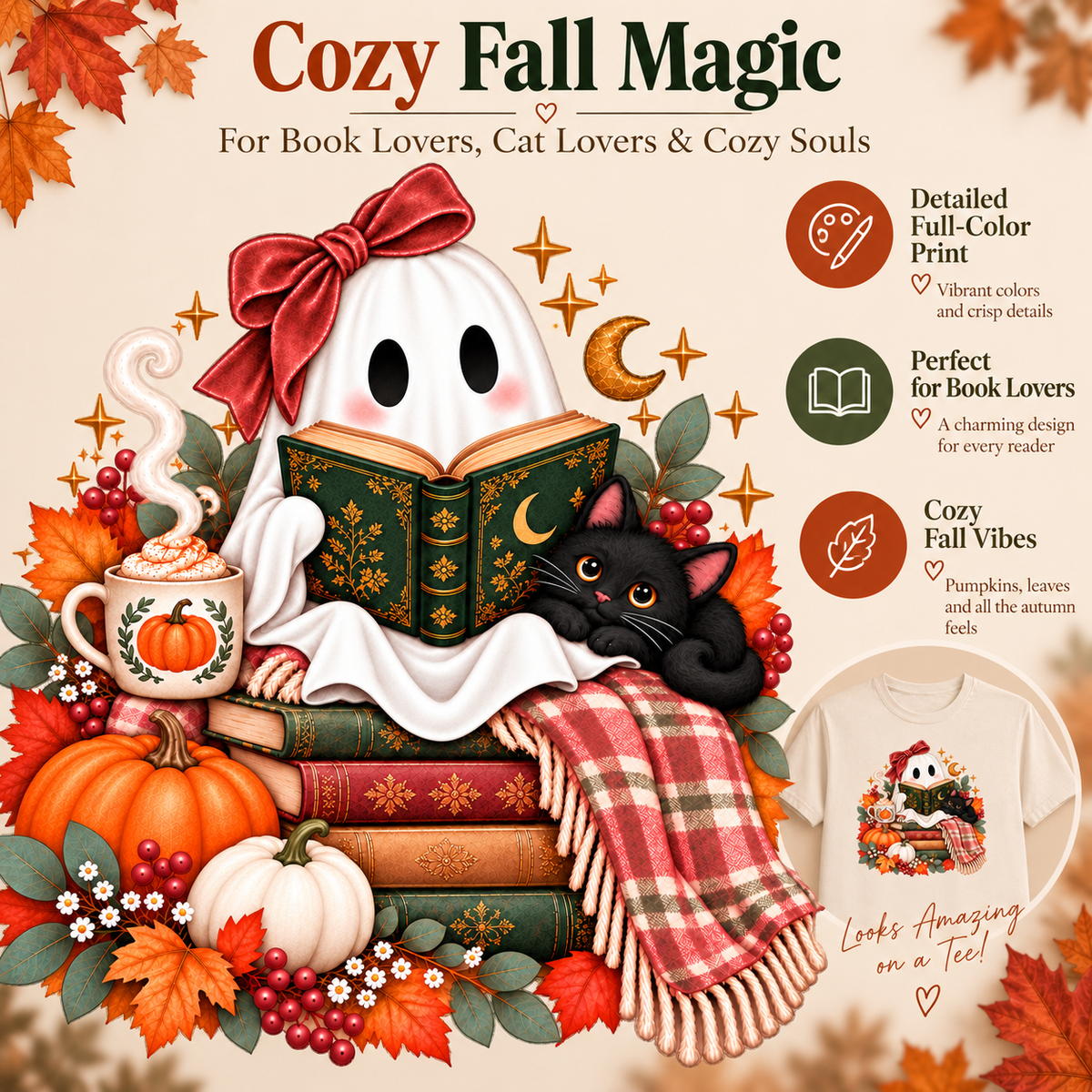 Cozy Bookish Ghost Shirt – Fall Reading Ghost & Black Cat Tee
